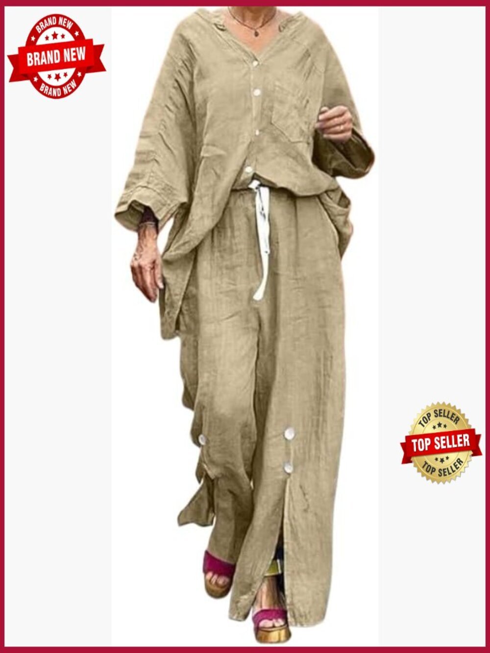 Two Piece Lounge Set: Button Cardigan & Wide Leg Pants, Polyester Cotton, Casual